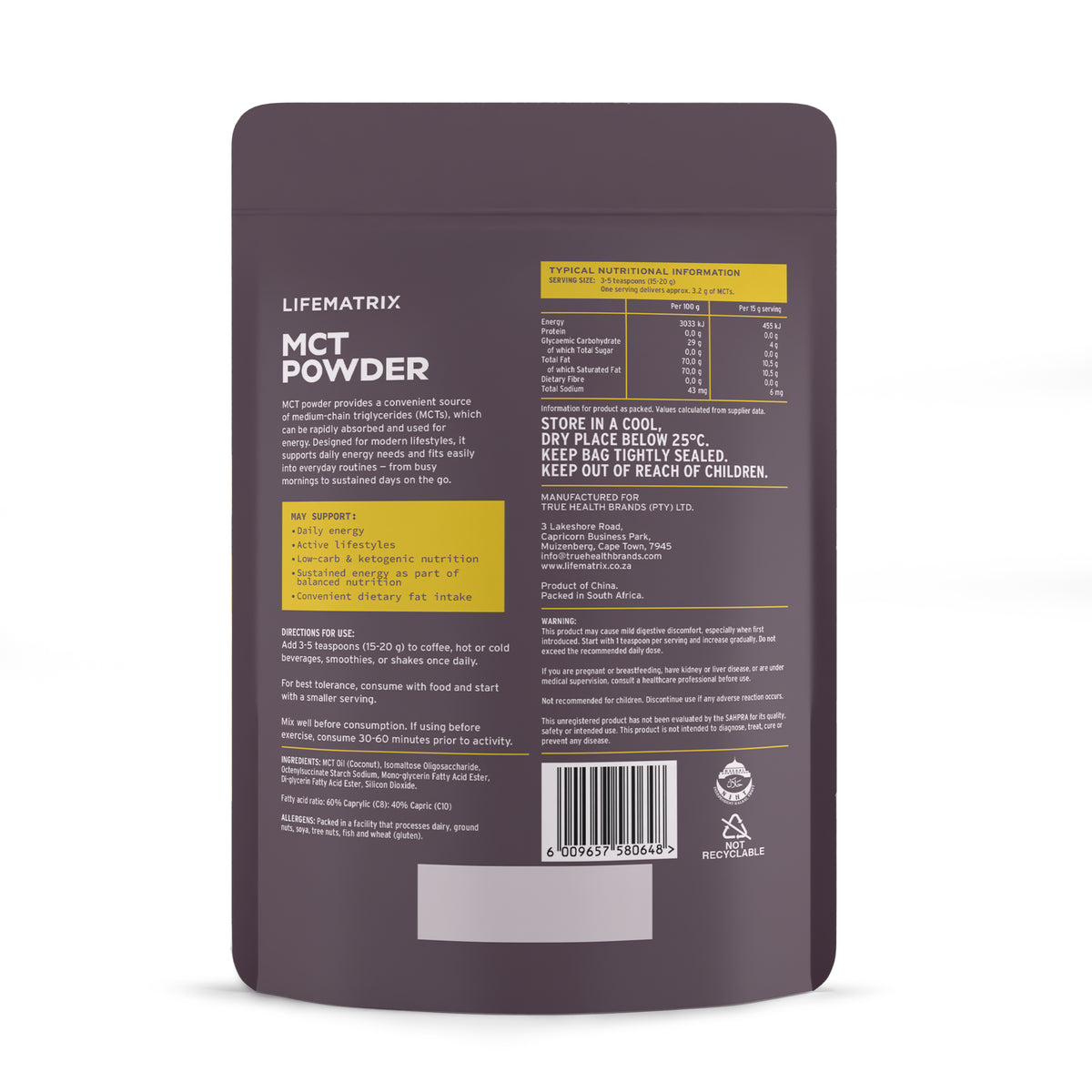 Life Matrix Coconut MCT Powder 350g - back of pack