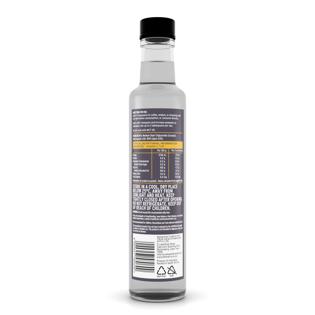 Life Matrix Coconut MCT Oil 250ml - back of pack