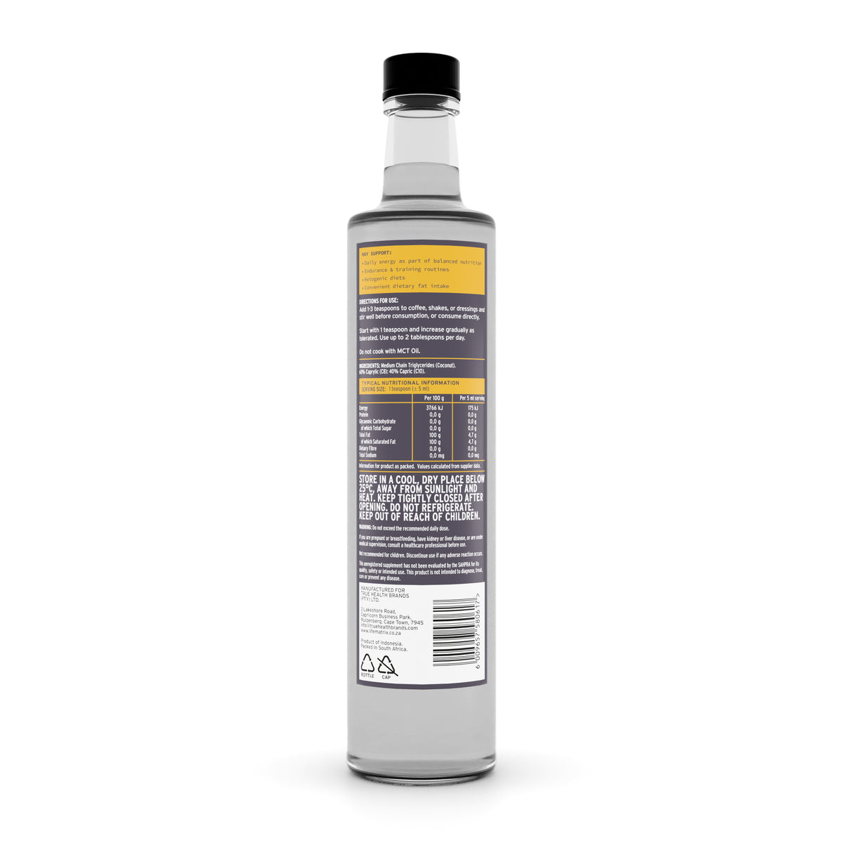 Life Matrix Coconut MCT Oil 500ml - back of pack